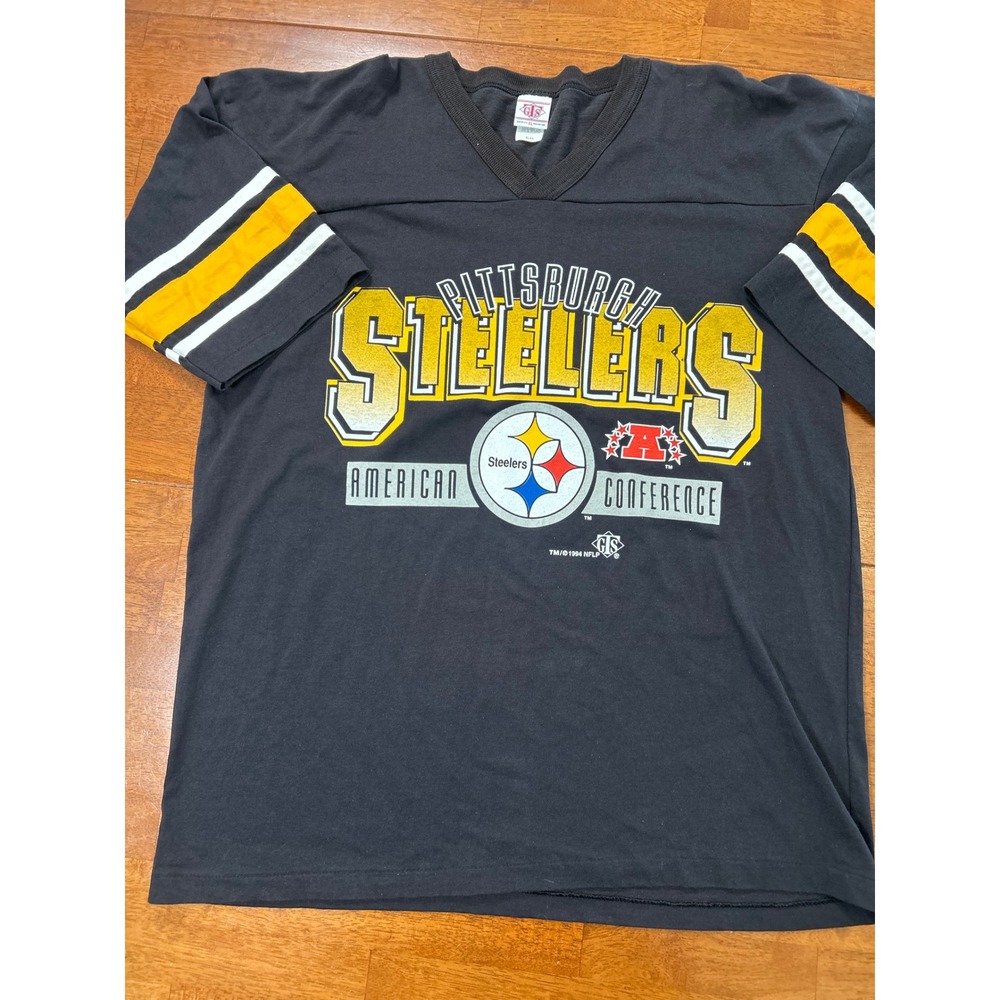 Vintage GTS Pittsburgh Steelers T-Shirt Mens XL Black 1994 Vintage NFL V-Neck